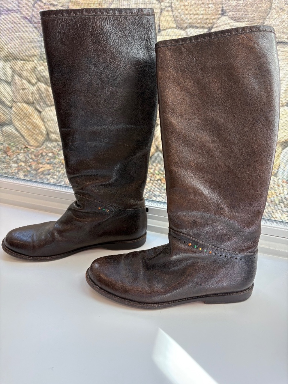 Vintage Henry Cuir for Barney's NY Brown Leather Boots with Beading Trim; 38-1/2